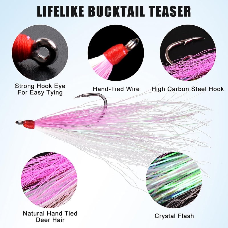 SILANON Fishing Bucktail Teaser Hooks,5pcs Saltwater Fishing Jig Teaser Lures with Carbon Steel Hooks Crystal Flash Flounder Rigs for Salmon Trout Sea Bass Steelhead - Image 2